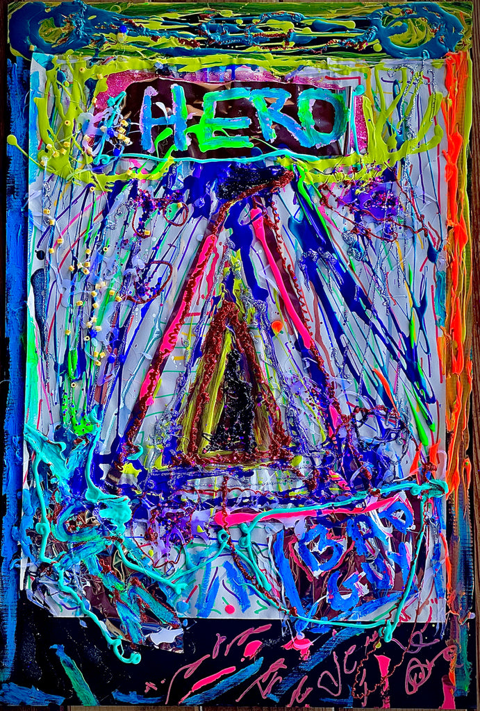 close up art pattern, neon triangles with Hero at the top, Victim bottom left and Bad Guy bottom right